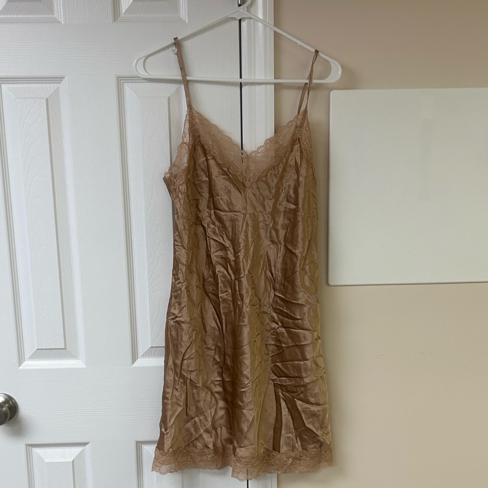Lace Trim Satin Slip Dress - Taupe